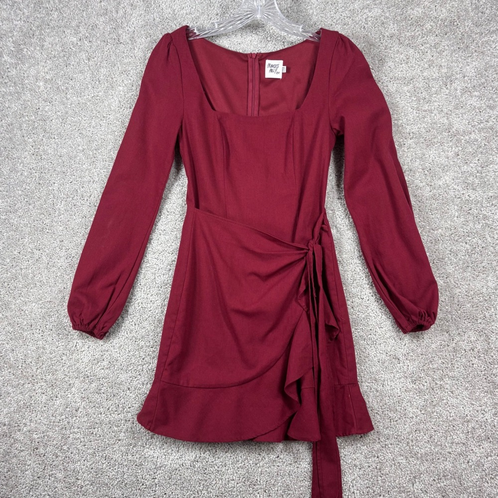 Princess Polly Burgundy Red Square Neck Long Sleeve Ruffle Wrap Mini Dress US 2